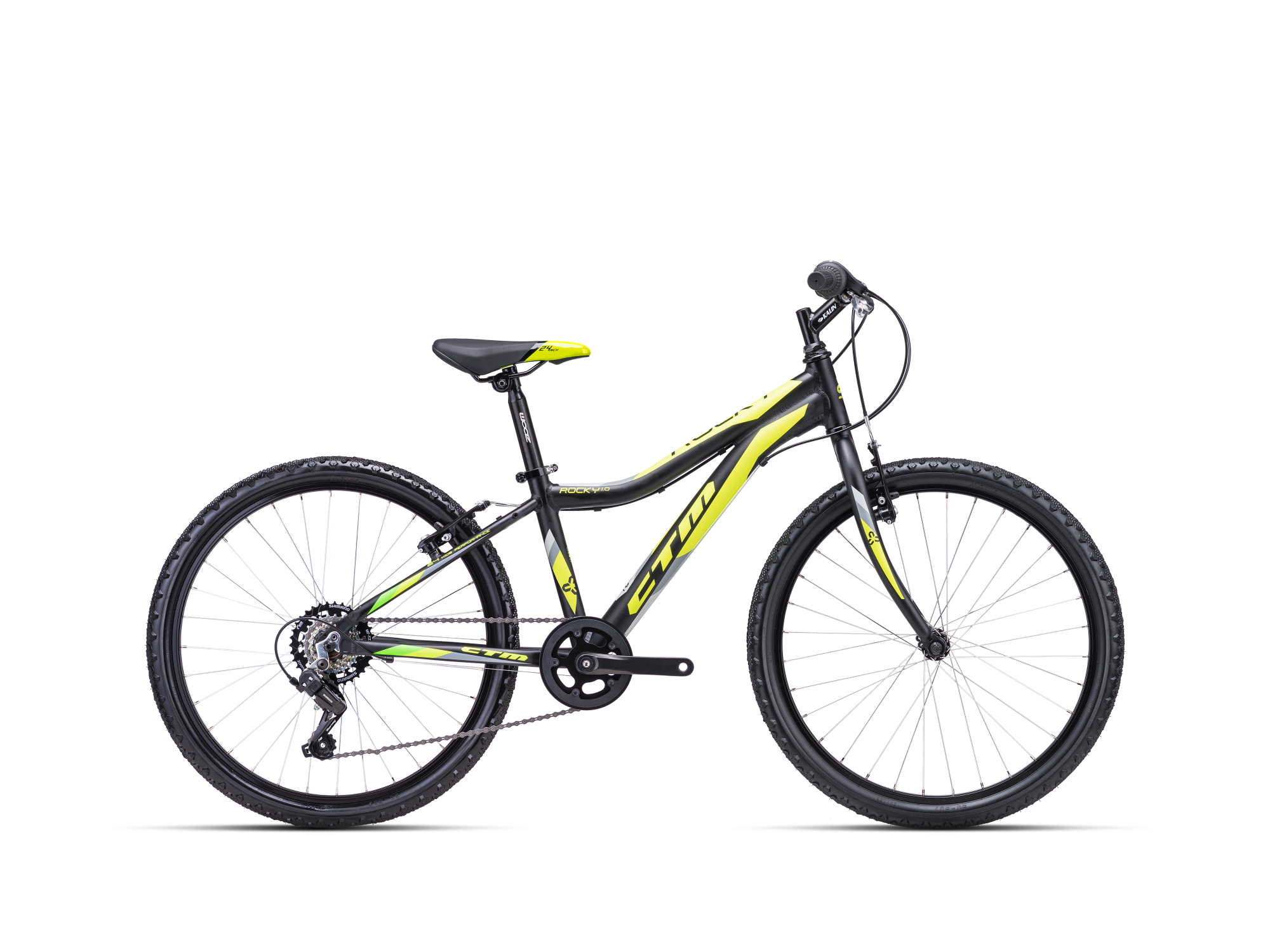 Dječji bicikl CTM Rocky 1.0 crno žute boje namijenjen dječacima i djevojčicama, sa 24'' kotačima, brzinama i mjenjačem brzina za vožnju u prirodi ili u gradu