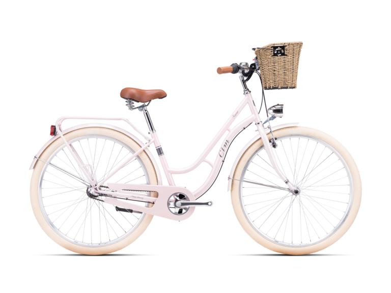 ctm fiore gradski bicikl roze boje opremljen košarom i blatobranima za gradsku vožnju
