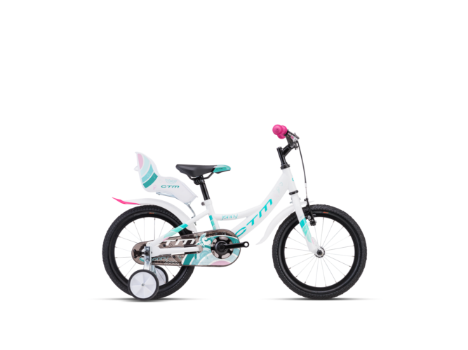 Dječji bicikl sa pomoćnim kotačima CTM Jenny 16'' bijele boje namijenjen za djecu koja uče osnove vožnje bicikla