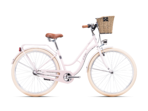 Gradski bicikl CTM Fiore sa 28'' kotačima u rozoj boji sa smeđom pletenom košarom na volanu