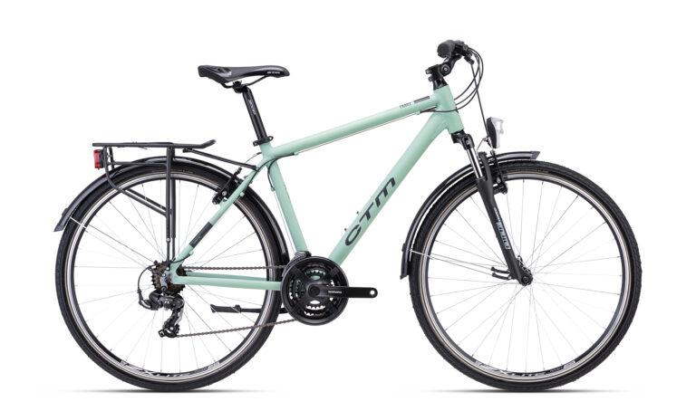 Trekking bicikl CTM Tranz 1.0 zelene boje sa biciklističkom opremom